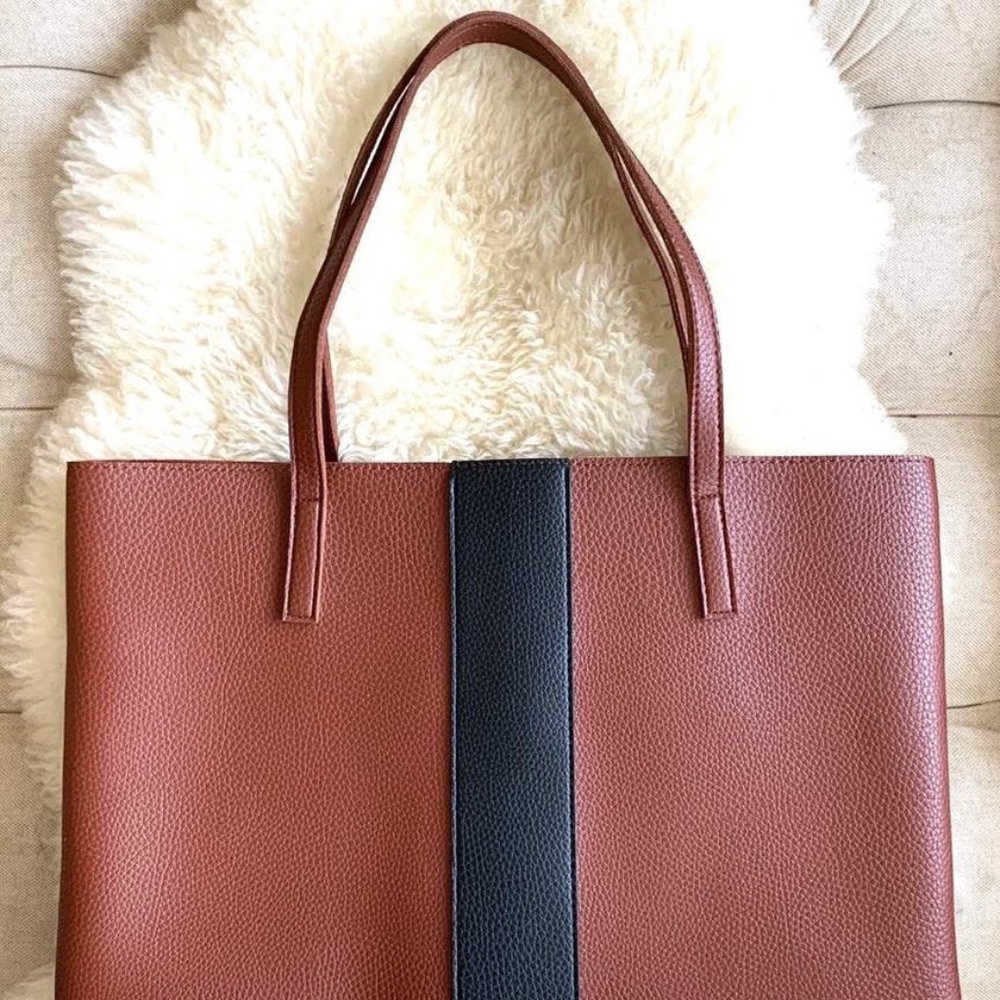 Vince Camuto Vegan Black Striped Brown Luck Tote